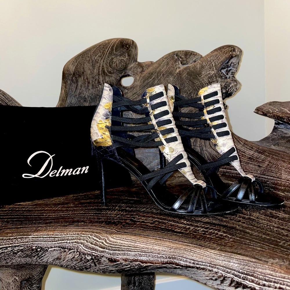 Strappy black and gold sandal